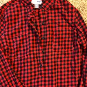 Old Navy red and black plaid button shirt.